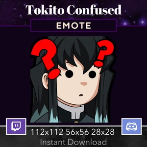 May include: A digital illustration of a cartoon character with black hair and a blue and white uniform. The character has a confused expression with question marks above their head. The text "EMOTE" is above the character and the text "112x112 56x56 28x28 Instant Download" is below the character.
