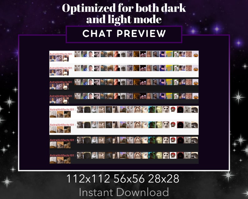 May include: A preview of different sizes of images, including 112x112, 56x56, and 28x28 pixels. The images are optimized for both dark and light mode. The text "AstralArtifacts 101" is repeated multiple times.