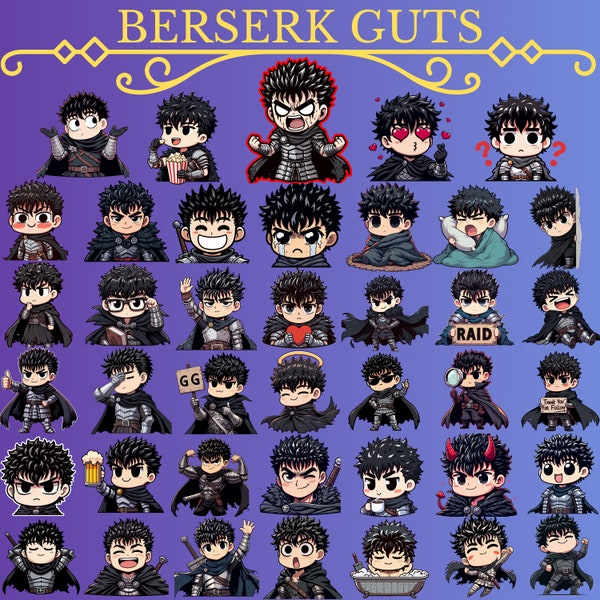 Berserk Guts 40 Emote Pack. Twitch, Discord, Stream Bundle, Love, Heart, Popcorn, Lurk, Bath, Cry, Flex, Rage, Mad, Cozy, Laugh,Anime, Manga