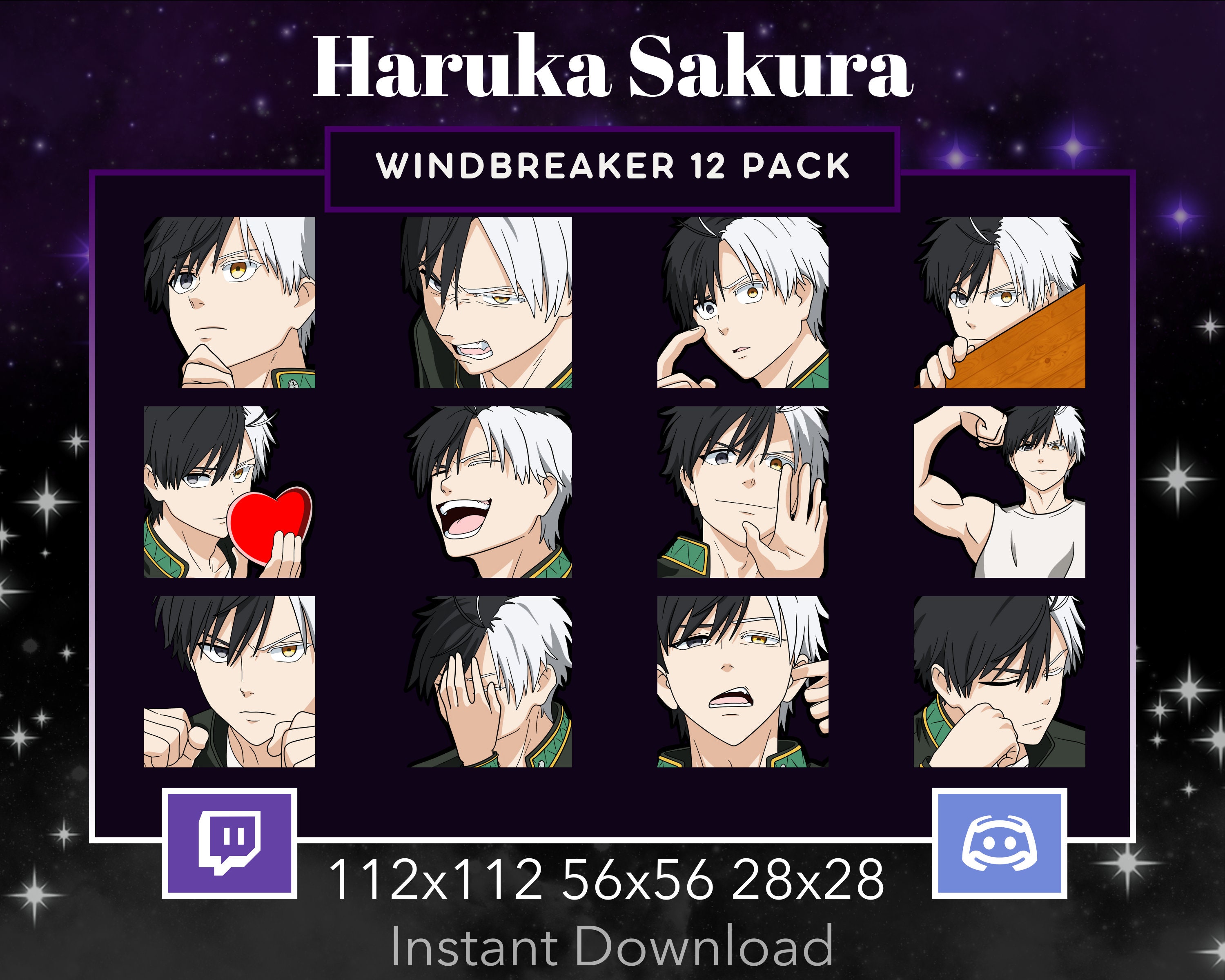 Wind Breaker Haruka Sakura Emote 12 Pack, Bundle for Twitch, Discord. Anime, Manga, Love, Facepalm, Rage, Lurk, Flex, Fight,