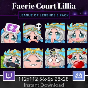 Puede incluir: Un conjunto de ocho emoticonos de League of Legends con el personaje Lillia de la Corte de las Hadas. Los emoticonos están dispuestos en una cuadrícula de 3x3, con cada emoticono mostrando una expresión diferente. Los emoticonos son de estilo de dibujos animados y están diseñados para ser utilizados en el chat en línea.