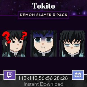 Pode incluir: Gráfico para download digital com três emotes de personagens em estilo anime. Os emotes retratam um personagem com cabelo preto e detalhes em verde-azulado, cada um com uma expressão diferente: confuso, estressado e entediado. O texto inclui "Tokito" e "Demon Slayer 3 Pack".