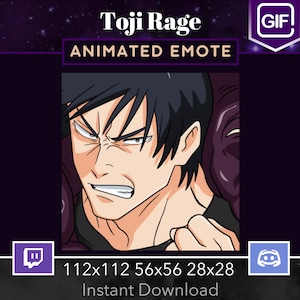May include: Animated GIF emote of a character with black hair and a serious expression. The character is wearing a black shirt and has a determined look on their face. The emote is available in four sizes: 112x112, 56x56, 28x28. The text "Toji Rage" is displayed above the emote, and "Animated Emote" is displayed below the emote.