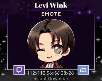 May include: A cartoon illustration of a character with brown hair and a brown jacket, winking with a mischievous smile. The image is labeled "Levi Wink EMOTE" and includes the Twitch and Discord logos. The text "112x112 56x56 28x28 Instant Download" is also included.