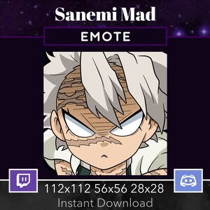 Pode incluir: Uma ilustração digital de um personagem de anime com cabelo branco e olhos zangados. O personagem está vestindo uma camisa verde e branca. A imagem é rotulada como "Sanemi Mad" e "EMOTE". A imagem está disponível em quatro tamanhos: 112x112, 56x56, 28x28. O texto "Download instantâneo" está abaixo dos tamanhos.