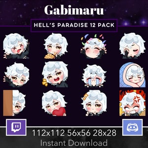 Op de afbeelding: Een set van 12 digitale stickers met een cartoonfiguur met wit haar en verschillende uitdrukkingen. De stickers zijn verkrijgbaar in drie formaten: 112x112, 56x56 en 28x28 pixels. De tekst "Gabimaru Hell's Paradise 12 Pack" staat bovenaan de afbeelding. De tekst "Direct downloaden" staat onderaan de afbeelding. De afbeelding bevat ook de Twitch- en Discord-logo's.