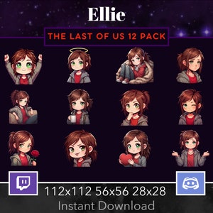 The Last Of Us 12 Ellie EMOTE PACK for Twitch, Discord, Youtube, Stream, Printable, Black, Red Hair, Green Eyes, Chibi, Rose, Love