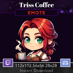 May include: A cartoon illustration of a woman with red hair holding a cup of coffee. The image is labeled "Tress Coffee EMOTE" and includes sizes for different social media platforms: 112x112, 56x56, 28x28. The image is set against a dark purple background with white stars.