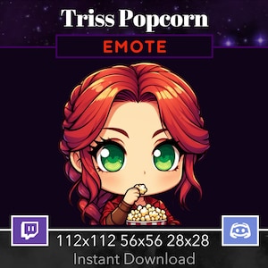 Peut inclure: Une illustration numérique d'une femme de dessin animé aux cheveux roux mangeant du pop-corn. L'image est un émoticône Twitch avec le texte "EMOTE" au-dessus de l'image et "112x112 56x56 28x28 Téléchargement instantané" en dessous de l'image. L'image est sur un fond violet foncé avec des étoiles blanches.