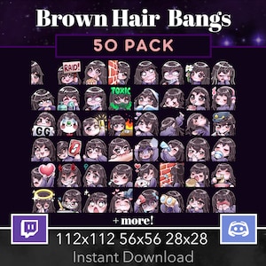 May include: A digital product featuring 50 emotes with brown hair and bangs. The emotes display various expressions and actions, including text like "RAID!" and "TOXIC". The image includes the text "Brown Hair Bangs" and "50 PACK".