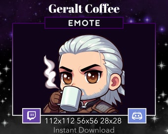 The Witcher Geralt Drinking Coffee, Tea , Hot Chocolate. EMOTE, EMOTES for Twitch, Discord, Youtube, Stream , Streaming, Printable, Chibi