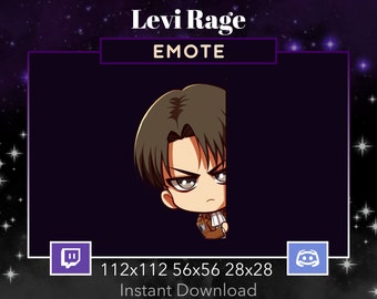 May include: A digital illustration of a cartoon character with brown hair and angry eyes. The character is wearing a brown and beige military uniform. The image is labeled "Levi Rage EMOTE" and includes the text "112x112 56x56 28x28 Instant Download".