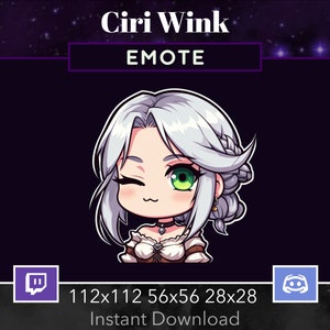May include: A cartoon illustration of a woman with white hair, green eyes, and a brown and white outfit. She is winking and has a small smile. The image is labeled "Ciri Wink EMOTE" and includes the text "112x112 56x56 28x28 Instant Download".