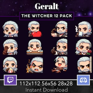 May include: A set of 12 digital character emotes featuring Geralt of Rivia from The Witcher video game series. The emotes are in a chibi style and depict Geralt in various poses and expressions. The emotes are available in three sizes: 112x112, 56x56, and 28x28. The emotes are compatible with Twitch and Discord.