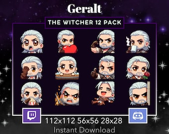 The Witcher Geralt 12 EMOTE PACK for Twitch, Discord, Youtube, Stream , Streaming, Printable, Chibi Love Coffee Flex Facepalm Bath Lurk Rage