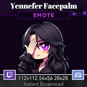May include: A purple and black animated emote of a woman with long black hair covering her eye with her hand. The text "EMOTE" is above the image. The text "112x112 56x56 28x28" is below the image. The image is set against a dark purple background with white stars.