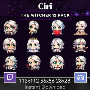 May include: A set of 12 digital Twitch and Discord emotes featuring Ciri from The Witcher video game series. The emotes are in a chibi style and show Ciri with different expressions and accessories. The emotes are available in three sizes: 112x112, 56x56, and 28x28.