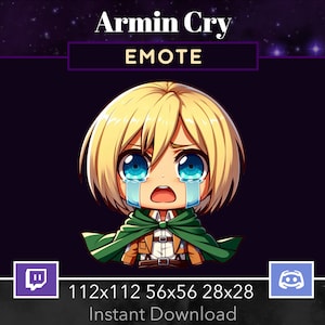 May include: A cartoon emote of a character with blonde hair, blue eyes, and a green cloak crying. The emote is labeled "Armin Cry" and "EMOTE". The image also includes icons for Twitch and Discord, and the text "112x112 56x56 28x28 Instant Download".