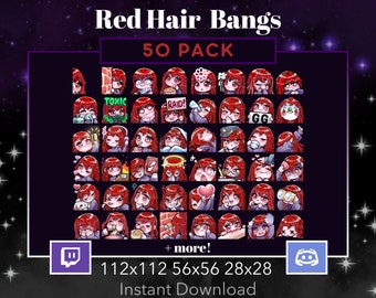 Pack de 50 gestos de Chibi Girl, Twitch, Discord, Stream, Cabello rojo, Ojos rojos, Flequillo, Kawaii, egirl, Gamer, Personalizado, Adorable, Slay, Uwu