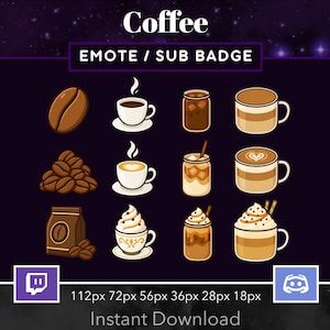 May include: A digital graphic featuring coffee-themed emotes and sub badges. The image includes illustrations of coffee beans, cups of coffee, iced coffee, and coffee drinks with whipped cream. Text includes "Coffee" and "EMOTE / SUB BADGE".