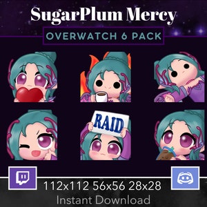 Puede incluir: Un conjunto de seis emotes de Twitch y Discord de Overwatch con un personaje morado y turquesa con diferentes expresiones. Los emotes están disponibles en tres tamaños: 112x112, 56x56 y 28x28. Descarga instantánea.