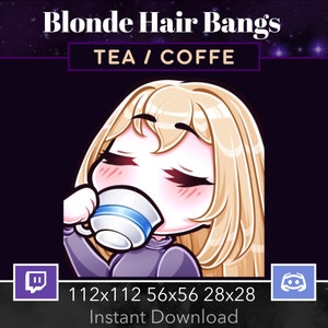 Può includere: Un'illustrazione di un cartone animato di una persona con capelli biondi e frangia che beve da una tazza da tè blu e bianca. Lo sfondo è di un viola scuro con stelle bianche. Il testo "TEA / COFFEE" è sopra l'immagine. Il testo "112x112 56x56 28x28 Download immediato" è sotto l'immagine.