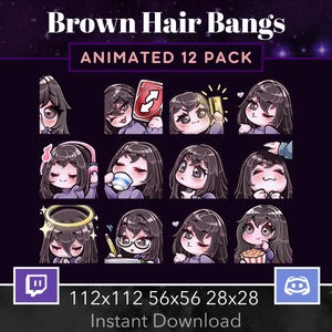 Puede incluir: Un conjunto de 12 emotes animados de Twitch y Discord que presentan a un personaje con cabello castaño y flequillo. Los emotes están en varias poses y expresiones, incluyendo guiñar un ojo, sostener una tarjeta y beber café. Los emotes tienen un tamaño de 112x112, 56x56 y 28x28 píxeles. Pack animado de 12.
