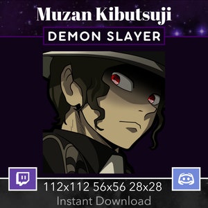 Pode incluir: Ilustração digital de Muzan Kibutsuji de Demon Slayer. O personagem tem cabelo escuro, olhos vermelhos e uma expressão séria. A imagem inclui o texto "Muzan Kibutsuji" e "DEMON SLAYER" em branco. A imagem também inclui o texto "Download instantâneo".