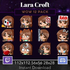 Könnte beinhalten: Ein Set mit 12 digitalen Emojis, die einen Lara Croft-Cartoon-Charakter in verschiedenen Posen zeigen. Die Emojis sind in drei Größen verfügbar: 112x112, 56x56 und 28x28. Die Emojis sind für die Verwendung auf Twitch und Discord konzipiert.