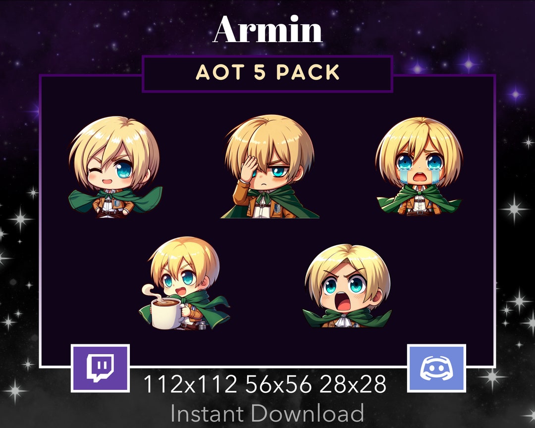 Attack On Titan Armin 5 EMOTE PACK for Twitch, Discord, Youtube, Stream ,  Streaming, Printable, Black , Hair, Chibi, Eren, Hot Chocolate, image size:1080x864