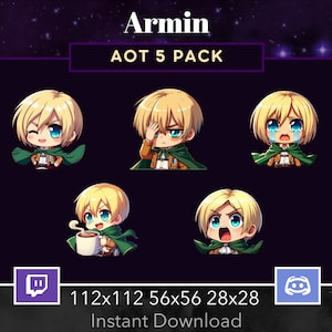 Puede incluir: Cinco emojis animados de Armin Arlert del anime Ataque a los Titanes. Los emojis están en diferentes poses y expresiones. El texto "Armin" y "AOT 5 PACK" están en la parte superior de la imagen. El texto "112x112 56x56 28x28" y "Descarga instantánea" están en la parte inferior de la imagen.