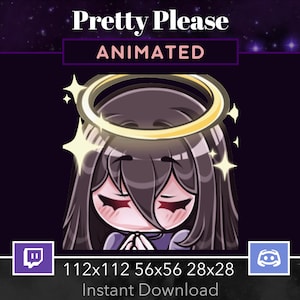 May include: Animated Twitch and Discord emotes featuring a girl with long black hair wearing a halo and a white dress. The emotes are available in four sizes: 112x112, 56x56, 28x28. The text "Pretty Please" and "Animated" are displayed above the emotes.