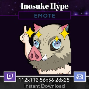 Pode incluir: Um emote de desenho animado de Inosuke de Demon Slayer, com um focinho rosa, cabelo castanho e uma máscara de javali. Ele está vestindo uma camisa com estampa azul e branca e tem um efeito de estrela amarela ao redor dos olhos. O texto "EMOTE" está acima da imagem, e o texto "112x112 56x56 28x28 Download instantâneo" está abaixo da imagem.