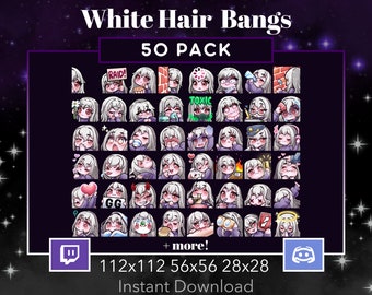Pack de 50 gestos de Chibi Girl, Twitch, Discord, Stream, Cabello blanco, Ojos marrones, Flequillo, Kawaii, egirl, Gamer, Personalizado, Adorable, Slay, Uwu