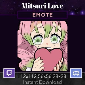 May include: A pink and green anime character with green eyes holding a pink heart. The character is smiling and has a pink and green hair style. The image is set against a dark purple background with white stars. The text "Mitsuri Love" and "EMOTE" are at the top of the image. The text "112x112 56x56 28x28 Instant Download" is at the bottom of the image.