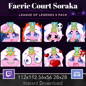 Puede incluir: Un conjunto de ocho emotes de League of Legends Soraka con un personaje rosa y azul con una corona y diferentes expresiones faciales. Los emotes están disponibles en tres tamaños: 112x112, 56x56 y 28x28. Descarga instantánea.