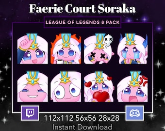 May include: A set of eight League of Legends Soraka emotes featuring a pink and blue character with a crown and different facial expressions. The emotes are available in three sizes: 112x112, 56x56, and 28x28. Instant download.