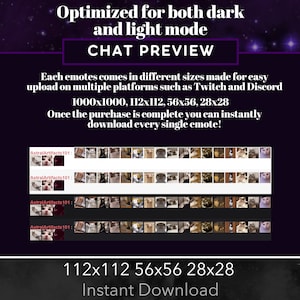 May include: A preview of a set of cat emotes for Twitch and Discord. The emotes come in four different sizes: 1000x1000, 112x112, 56x56, and 28x28. The text "AstralArtifacts101" appears in the image.