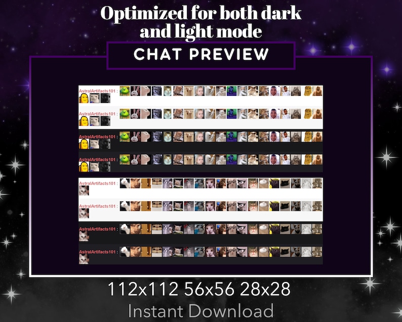 May include: A preview of different image sizes for a digital download of a set of images. The image sizes are 112x112, 56x56, and 28x28 pixels. The images are labeled "AstralArtifacts101".