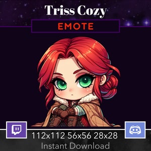 May include: A digital illustration of a cartoon character with red hair, green eyes, and a brown and white coat. The character is sitting with their arms crossed. The image is labeled "Tress Cozy EMOTE" and includes sizes for different social media platforms: 112x112, 56x56, 28x28. The text "Instant Download" is also included.