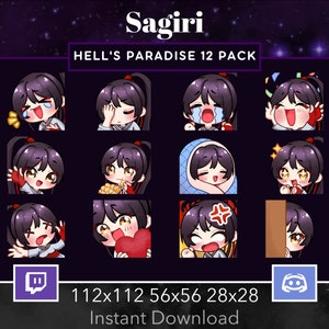 Op de afbeelding: Een digitaal kunstpakket met 12 emotes van Sagiri uit "Hell's Paradise". Elke emote toont een andere uitdrukking, met formaten van 112x112, 56x56 en 28x28. Inclusief Twitch- en Discord-logo's. Tekst: "Direct downloaden."