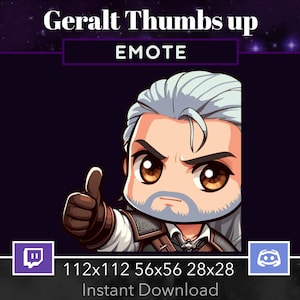 May include: A digital illustration of Geralt of Rivia from The Witcher video game series. He is depicted in a chibi style with a white beard and hair, wearing a brown leather jacket and a white shirt. He is giving a thumbs up with a serious expression. The image is labeled "EMOTE" and includes the text "112x112 56x56 28x28 Instant Download".