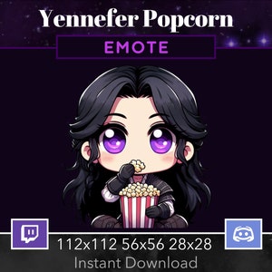 May include: A purple-haired anime-style character with large eyes is eating popcorn. The character is wearing a black and white outfit. The image is set against a dark purple background with white stars. The text "EMOTE" is at the top of the image. The text "112x112 56x56 28x28 Instant Download" is at the bottom of the image.