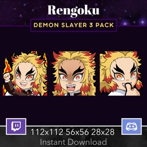 May include: Three digital illustrations of Rengoku from Demon Slayer. The images are in a 3-pack set, with sizes 112x112, 56x56, and 28x28 pixels. The images are suitable for use as Twitch and Discord emotes.