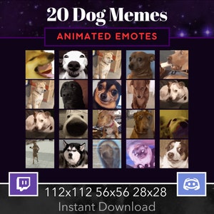 Puede incluir: Un collage de 20 memes de perros animados, con diferentes razas y expresiones. Las imágenes están dispuestas en una cuadrícula con el texto "20 Dog Memes" y "Animated Emotes" en la parte superior. La parte inferior de la imagen muestra los logotipos de Twitch y Discord, junto con el texto "112x112 56x56 28x28 Descarga instantánea".