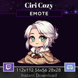 May include: A cartoon illustration of a white-haired woman with green eyes wearing a brown and white plaid blanket. The image is set against a dark purple background with white stars. The text "Ciri Cozy" and "EMOTE" are at the top of the image. The text "112x112 56x56 28x28" and "Instant Download" are at the bottom of the image.