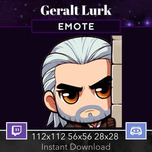 May include: A digital illustration of a cartoon character with white hair, a beard, and a serious expression. The character is wearing a brown leather jacket and is looking to the right. The image is labeled "Geralt Lurks" and "EMOTE". The image also includes the Twitch and Discord logos and the text "112x112 56x56 28x28 Instant Download".