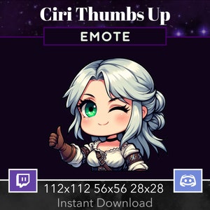 May include: A cartoon illustration of Ciri from The Witcher video game series giving a thumbs up. The image is in a purple and black frame with the text "Ciri Thumbs Up" and "EMOTE" at the top. The image is available in four sizes: 112x112, 56x56, 28x28. The image is for use as an emote on Twitch and Discord.