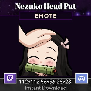 May include: Digital graphic of a smiling anime character with black hair and a bamboo muzzle, being patted on the head. The image includes the text "Nezuko Head Pat" and "EMOTE". The image is set against a dark purple background with stars.