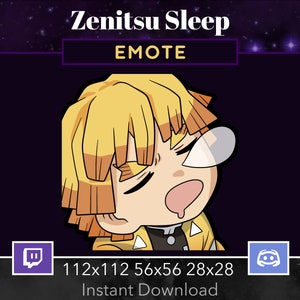 Pode incluir: Uma ilustração de desenho animado de um personagem do anime Demon Slayer, Zenitsu, com cabelo amarelo e um haori com padrão amarelo e preto, dormindo de boca aberta e babando. A imagem é rotulada como "Zenitsu Sleep EMOTE" e tem o texto "112x112 56x56 28x28 Download instantâneo" abaixo da imagem.